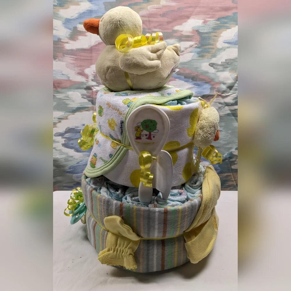 Neutral Two-tier Duck Diaper Cake, Baby Shower Gift, Centerpiece